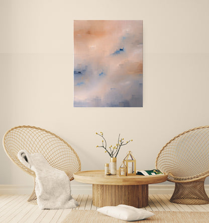 Accrochage du tableau Rivage de Laure-Anne Sarron, artiste contemporaine