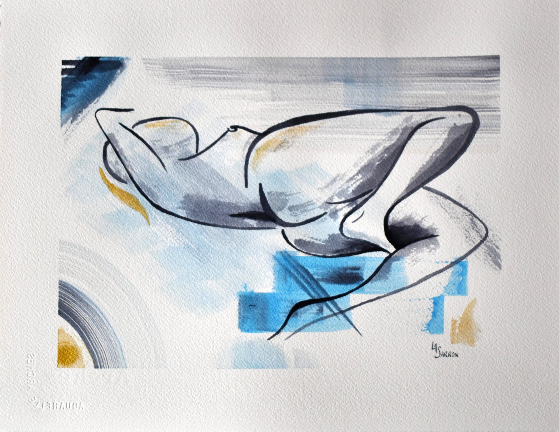 Indolence, peinture contemporaine à l'aquarelle et à l'encre de Laure-Anne Sarron qui présente le modèle vivant de façon moderne dans des tons noirs, bleus et dorés.