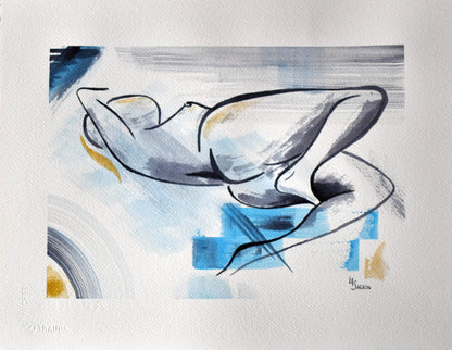 Indolence, peinture contemporaine à l'aquarelle et à l'encre de Laure-Anne Sarron qui présente le modèle vivant de façon moderne dans des tons noirs, bleus et dorés.