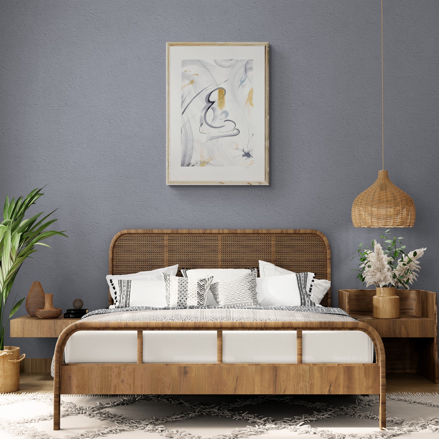 Matrice, oeuvre abstraite et moderne réalisée à l'encre et pastel à l’huile sur un papier beaux-arts qui représente la femme et la maternité dans des tons bleus et or 