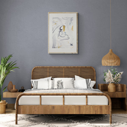 Matrice, oeuvre abstraite et moderne réalisée à l'encre et pastel à l’huile sur un papier beaux-arts qui représente la femme et la maternité dans des tons bleus et or 