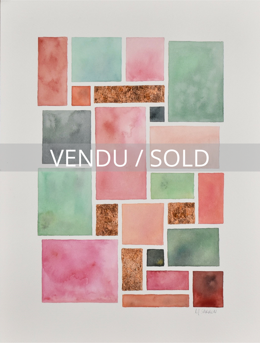 Oeuvre moderne à l'aquarelle et feuilles de cuivre de Laure-Anne Sarron qui évoque le printemps