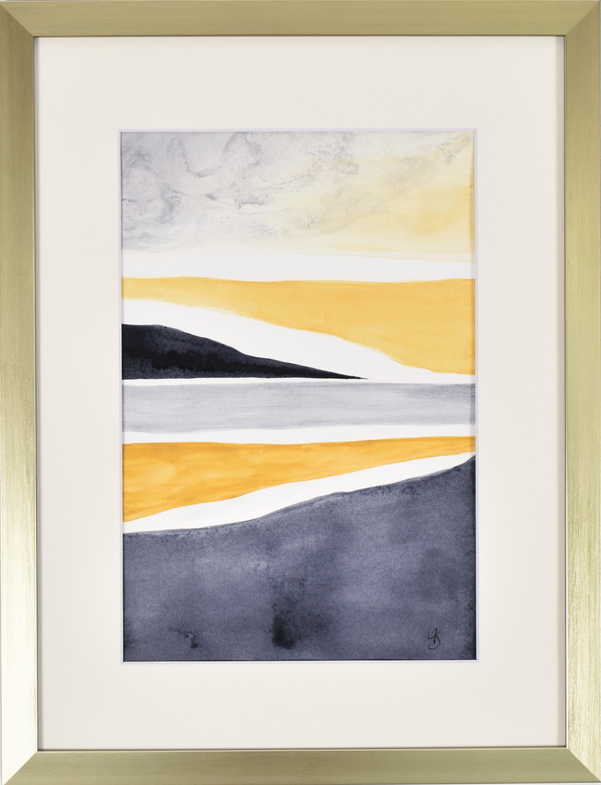 Peinture originale à l'encre et l'aquarelle de Laure-Anne Sarron où l'ocre de la dune et le bleu gris du ciel et de la mer synthétise le Pilat