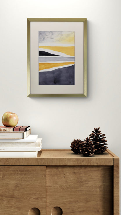 Peinture à l'aquarelle et encre de Laure-Anne Sarron qui synthétise la mer, le ciel et la dune du Pilat