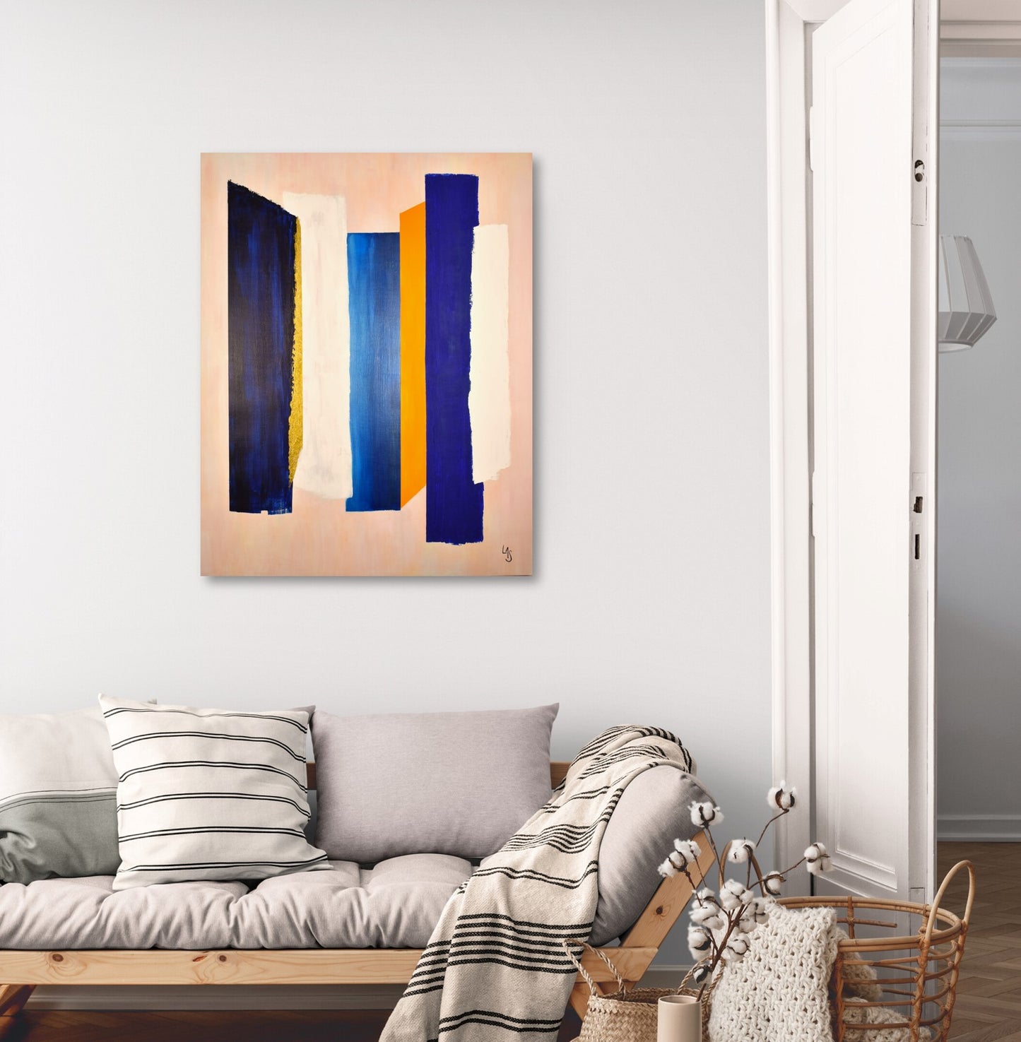 Piliers, tableau abstrait moderne de Laure-Anne Sarron qui explore la  couleur à travers des formes et des matières.