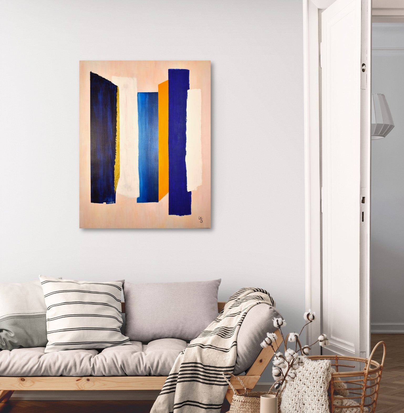 Piliers, tableau abstrait moderne de Laure-Anne Sarron qui explore la  couleur à travers des formes et des matières.