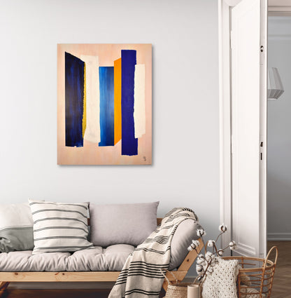 Piliers, tableau abstrait moderne de Laure-Anne Sarron qui explore la  couleur à travers des formes et des matières.