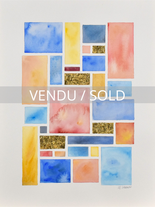 Vendu œuvre contemporaine, 4 Saisons - été, réalisée à l'aquarelle et feuilles d'or de Laure-Anne Sarron 