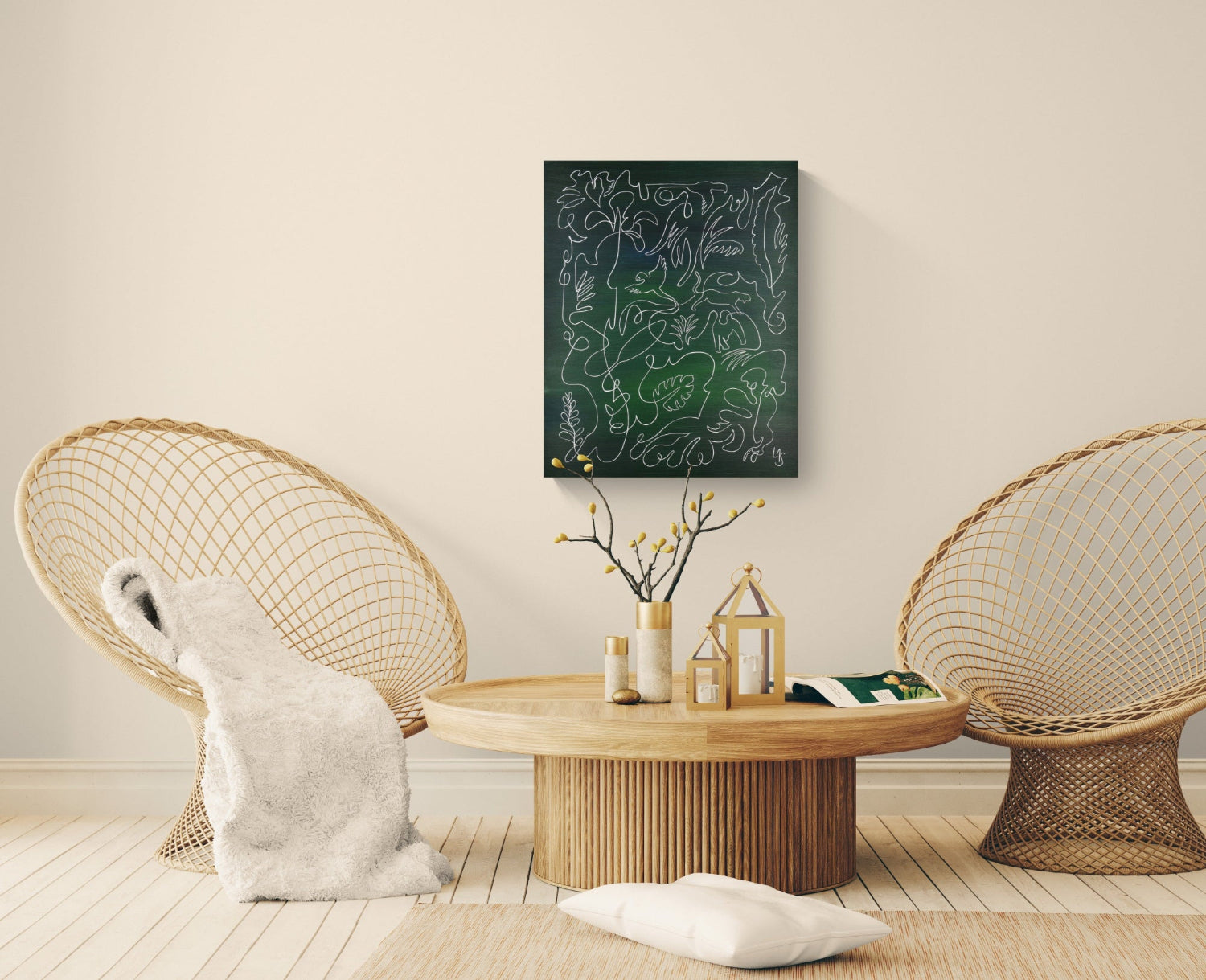 Peinture originale, tableau abstrait, toile à l'acrylique, thème jungle tons verts avec ligne graphique blanche continu qui retranscrit l'univers de la jungle luxuriante. 

Echo Jungle œuvre artistique de Laure-Anne Sarron art contemporain inspiration jungle