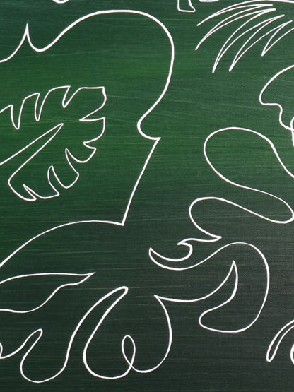 tableau Echo jungle est une peinture acrylique abstraite avec un fond vert et une ligne graphique qui évoque la jungle luxuriante. Travail de Laure-Anne Sarron