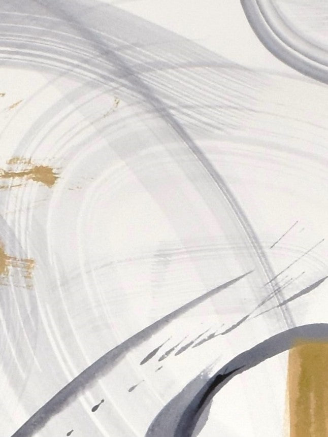 Détail des traces de pinceaux de Matrice, oeuvre originale contemporaine réalisée à l'encre et pastel à l’huile qui représente la femme et la maternité dans des tons bleus et or 